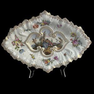 Helena Wolfsohn Dresden Germany Watteau Couple Floral Gold Decorated Oval Bowl